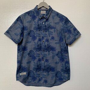 VTG 7 Diamonds Men's L Hawaiian Floral Cotton Linen Button Down Beach Blue Shirt